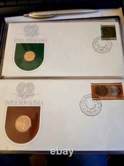 1975 Papua New Guinea Stamp Cover & Proof Coin set 8 covers & Coins Front & Back