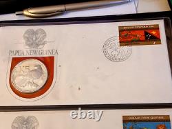 1975 Papua New Guinea Stamp Cover & Proof Coin set 8 covers & Coins Front & Back