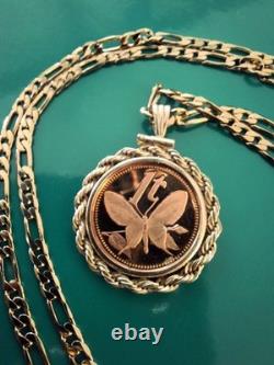 1976 Papua New Guinea Butterfly Coin Pendant & 24 18K Gold Filled Chain. 18mm