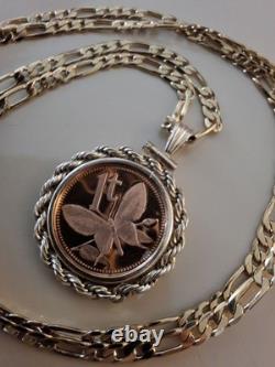 1976 Papua New Guinea Butterfly Coin Pendant & 24 18K Gold Filled Chain. 18mm