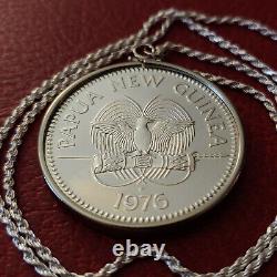 1976 Proof Silver Papua New Guinea Coin Charm & 28 Italian Sterling Rope Chain