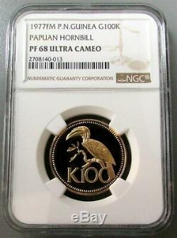 1977 Gold Papua New Guinea 100 Kina Papuan Hornbill Ngc Proof 68 Ultra Cameo