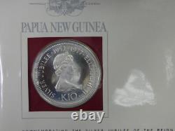 1977 Papua New Guinea Queen Elizabeth II Jubilee SILVER Coin + Stamps with COA