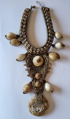 Antique 26 cowrie shell/stone Papua Nw Guinea tribal pectoral ornament necklace