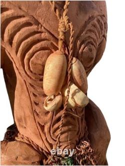 Antique Carved Papua New Guinea Cowrie Eyed Chief Wearing A Lizard Head Dress