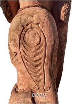Antique Carved Papua New Guinea Cowrie Eyed Chief Wearing A Lizard Head Dress
