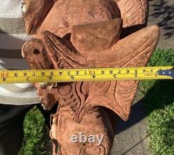 Antique Carved Papua New Guinea Cowrie Eyed Chief Wearing A Lizard Head Dress