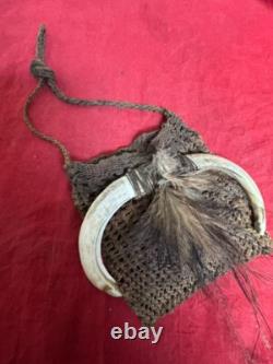 Antique Oceanic Papua New Guinea wild Boar Tusks Woven Medicine Bag