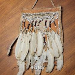 Antique Papua New Guinea Asmat Clan Design Shaman Bag Natural Fiber Feather