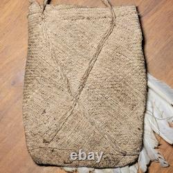 Antique Papua New Guinea Asmat Clan Design Shaman Bag Natural Fiber Feather