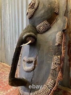 Antique Sepik Papua Carved Wooden Mask Wood Tusk Cowrie Shell X LARGE 90cm