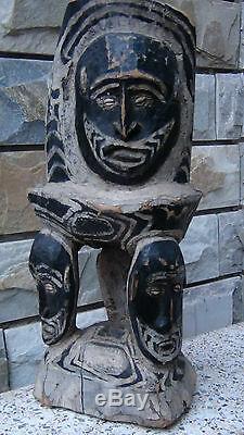 Antique18c Papua New Guinea Wood Hand Carved Painted Tribal 4 Mask Faced Stool