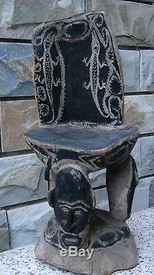 Antique18c Papua New Guinea Wood Hand Carved Painted Tribal 4 Mask Faced Stool