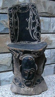 Antique18c Papua New Guinea Wood Hand Carved Painted Tribal 4 Mask Faced Stool