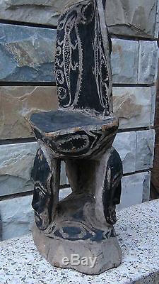 Antique18c Papua New Guinea Wood Hand Carved Painted Tribal 4 Mask Faced Stool