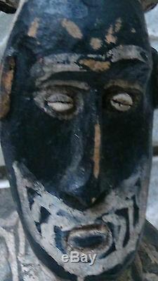 Antique18c Papua New Guinea Wood Hand Carved Painted Tribal 4 Mask Faced Stool