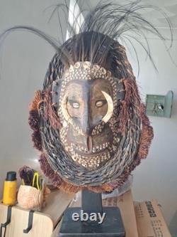 Early Papau New Guinea Mask On Stand Profusely Decorated, On Stand