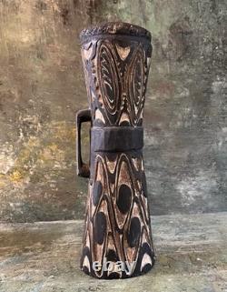 Fine Old Wood Carved Tribal Drum West Papua New Guinea Sentani Region