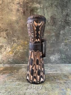 Fine Old Wood Carved Tribal Drum West Papua New Guinea Sentani Region