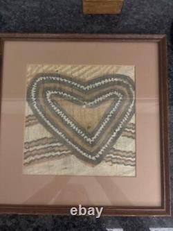 Framed Tapa Cloth Art From Papua New Guinea With Heart Design & Wooden Frame