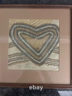 Framed Tapa Cloth Art From Papua New Guinea With Heart Design & Wooden Frame