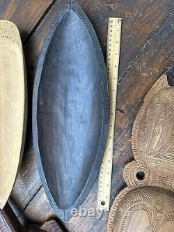 Nice Lot Of Six Old Papua New Guinea Carved Food Bowls With Tribal Art Motifs