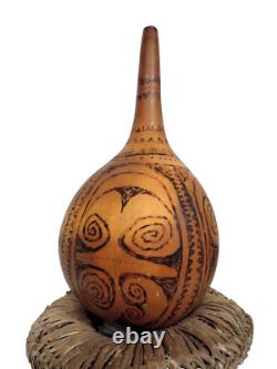 Oceanic Tribal Art Carved Gourd Container Papua New Guinea Vintage Pyrography