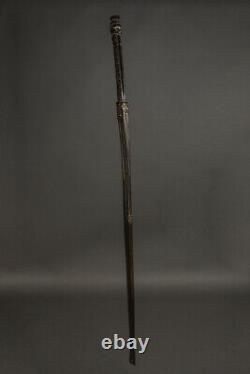 Old Oceanic Papua New Guinea Carved Wooden Massim Staff With Figure Lime Infill