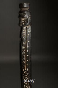 Old Oceanic Papua New Guinea Carved Wooden Massim Staff With Figure Lime Infill