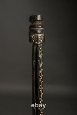 Old Oceanic Papua New Guinea Carved Wooden Massim Staff With Figure Lime Infill