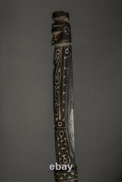 Old Oceanic Papua New Guinea Carved Wooden Massim Staff With Figure Lime Infill