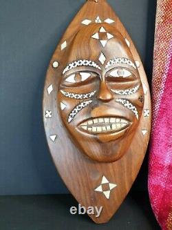 Old Papua New Guinea Bougainville Island Mother of Pearl Inlaid Wood Carving