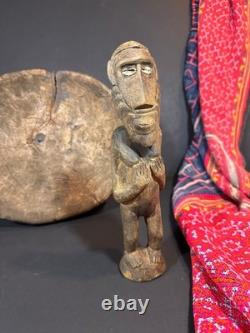 Old Papua New Guinea Carved Wooden Figure with Cowrie Shell Eyes