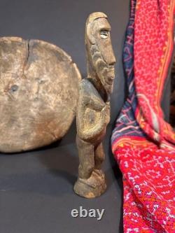 Old Papua New Guinea Carved Wooden Figure with Cowrie Shell Eyes