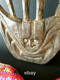 Old Papua New Guinea Carved Wooden Food Hook with Cowrie Shell & Carved Birds