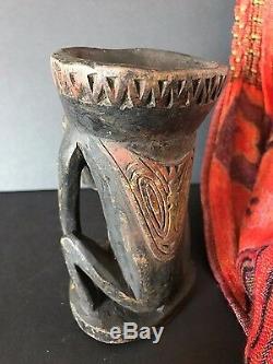 Old Papua New Guinea Carved Wooden Sepik River Paint Pot (c) one of a unique