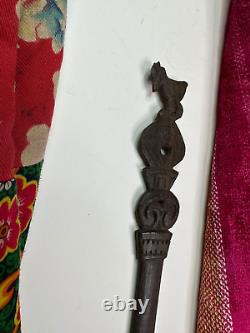 Old Papua New Guinea Milen Bay Wonderful Ebony Lime Spatula with Rooster Carved