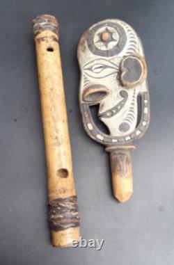 Old Papua New Guinea Sepik River Carved Bamboo Flute w Carved Wooden Stopper PNG