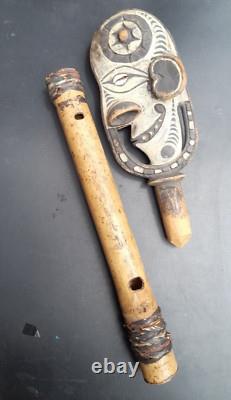 Old Papua New Guinea Sepik River Carved Bamboo Flute w Carved Wooden Stopper PNG