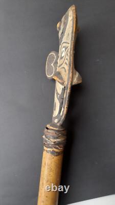 Old Papua New Guinea Sepik River Carved Bamboo Flute w Carved Wooden Stopper PNG