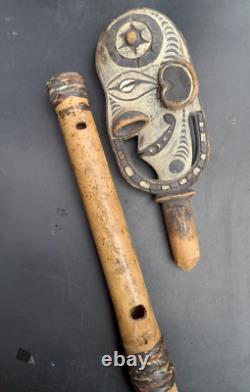 Old Papua New Guinea Sepik River Carved Bamboo Flute w Carved Wooden Stopper PNG