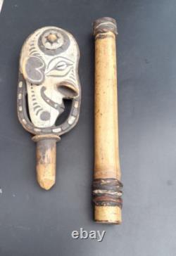 Old Papua New Guinea Sepik River Carved Bamboo Flute w Carved Wooden Stopper PNG