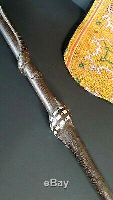 Old Papua New Guinea Solomon Island Inlaid Carved Ebony & Mother of Pearl Walkin
