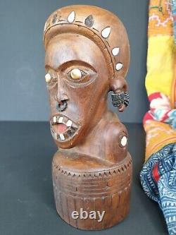 Old Papua New Guinea Trobriand Island Carved Wooden Statue with Inlaid