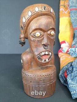 Old Papua New Guinea Trobriand Island Carved Wooden Statue with Inlaid
