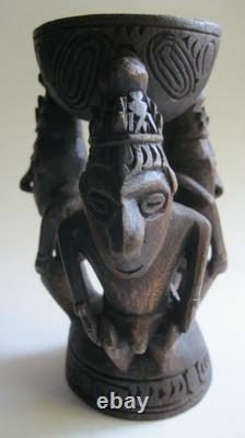 Papua New Guinea 3 Ancestral Figures Holding Cup Wood Carving
