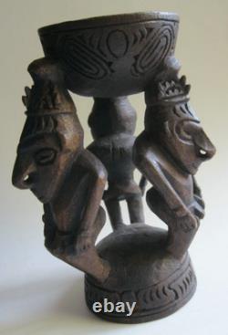 Papua New Guinea 3 Ancestral Figures Holding Cup Wood Carving