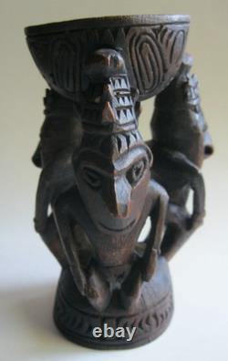 Papua New Guinea 3 Ancestral Figures Holding Cup Wood Carving
