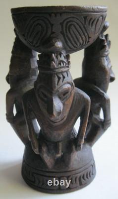 Papua New Guinea 3 Ancestral Figures Holding Cup Wood Carving