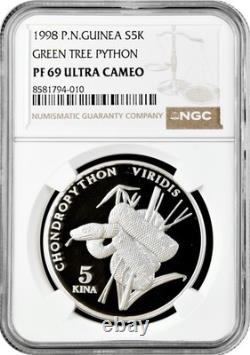 Papua New Guinea 5 kina 1998, NGC PF69 UC, Endangered Wildlife Green python